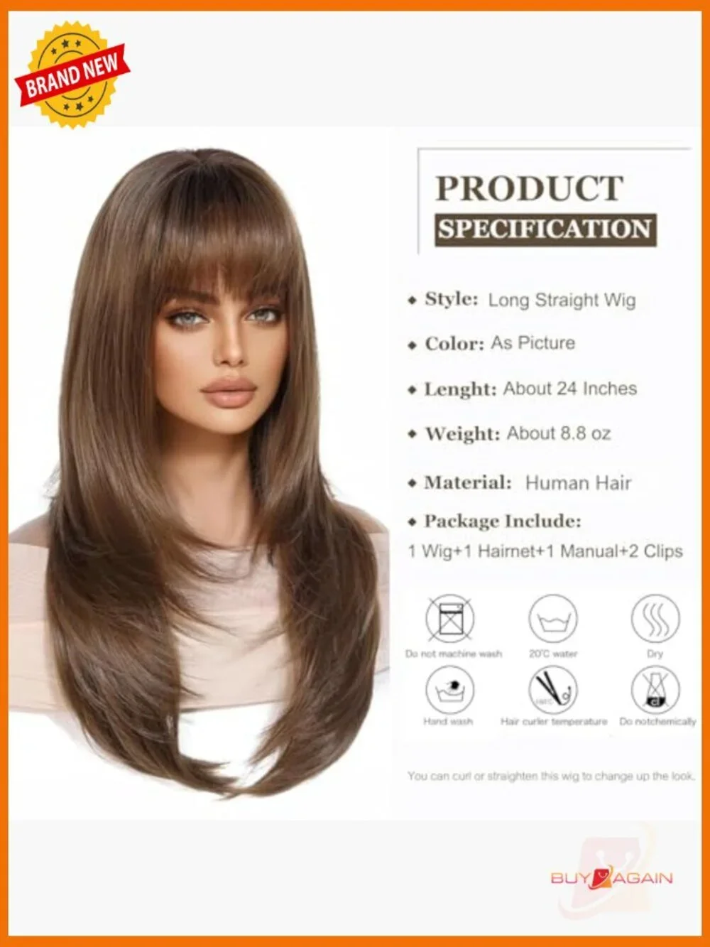 Human Hair Straight Wig with Bangs, Breathable & Heat Resistant